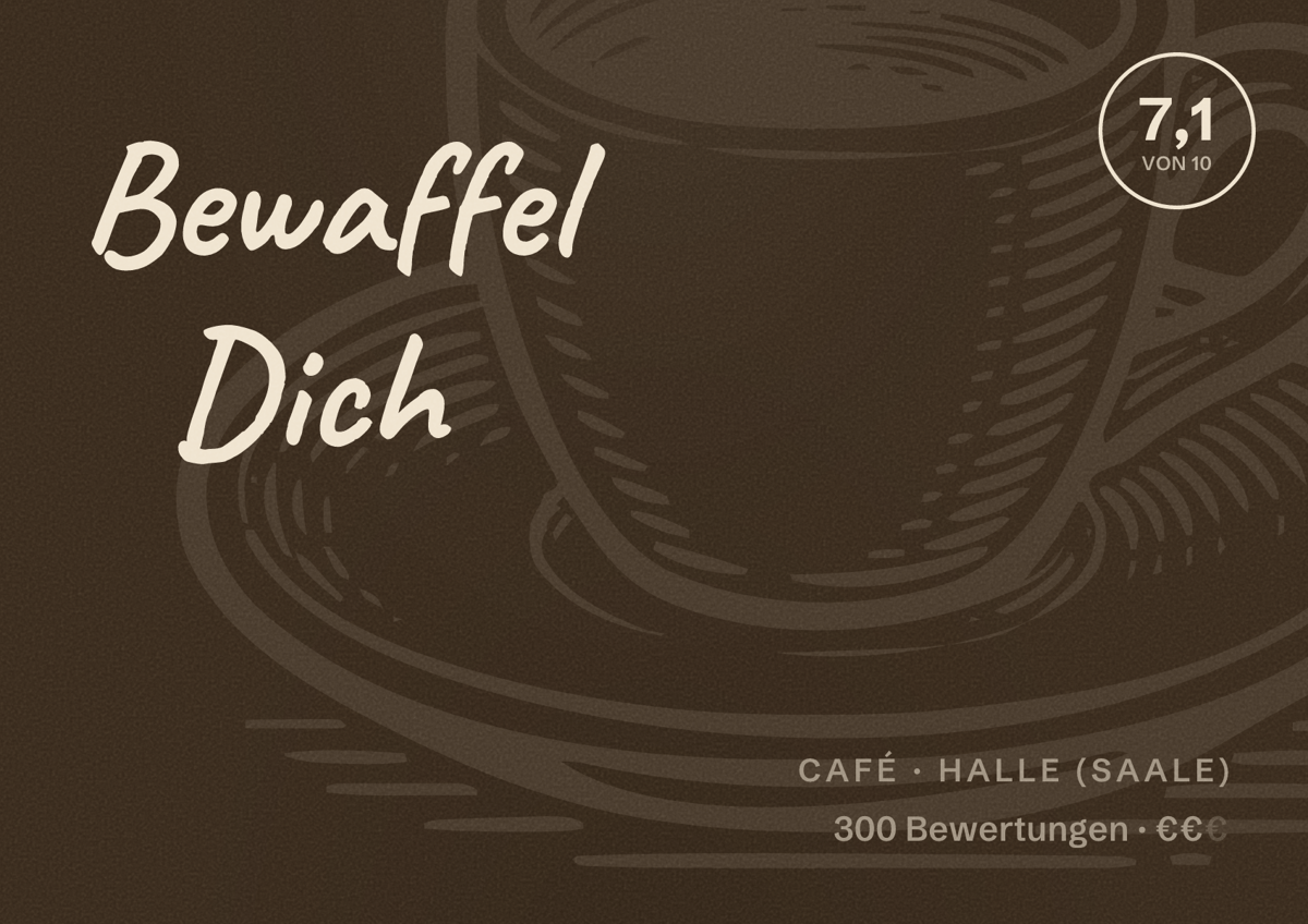 Illustriertes Poster von Bewaffel Dich, Café in Halle (Saale): Bewertung 7,1 von 10 aus 300 Bewertungen, Preisniveau €€