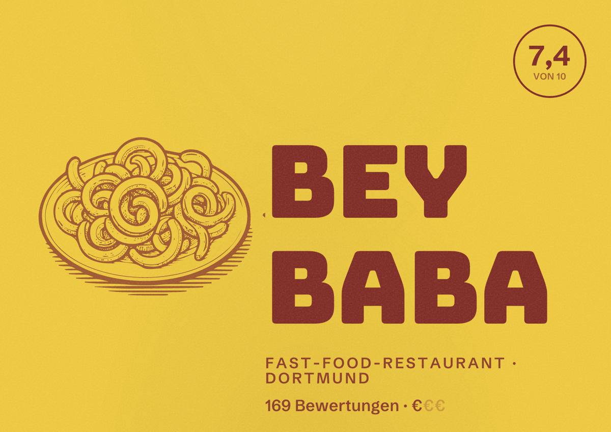 Illustriertes Poster von Bey Baba, Fast-Food-Restaurant in Dortmund: Bewertung 7,4 von 10 aus 169 Bewertungen, Preisniveau €