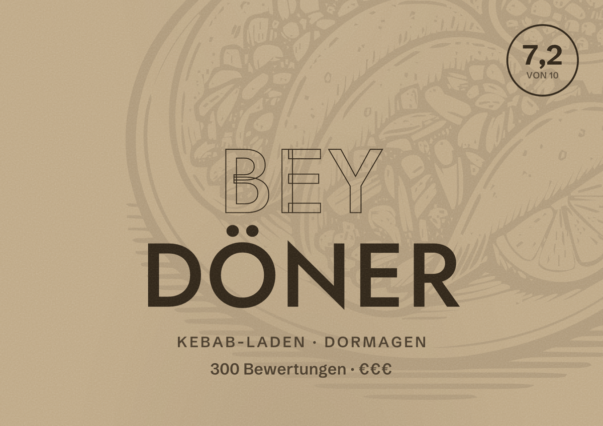 Illustriertes Poster von BEY Döner, Kebab-Laden in Dormagen: Bewertung 7,2 von 10 aus 300 Bewertungen, Preisniveau €€€