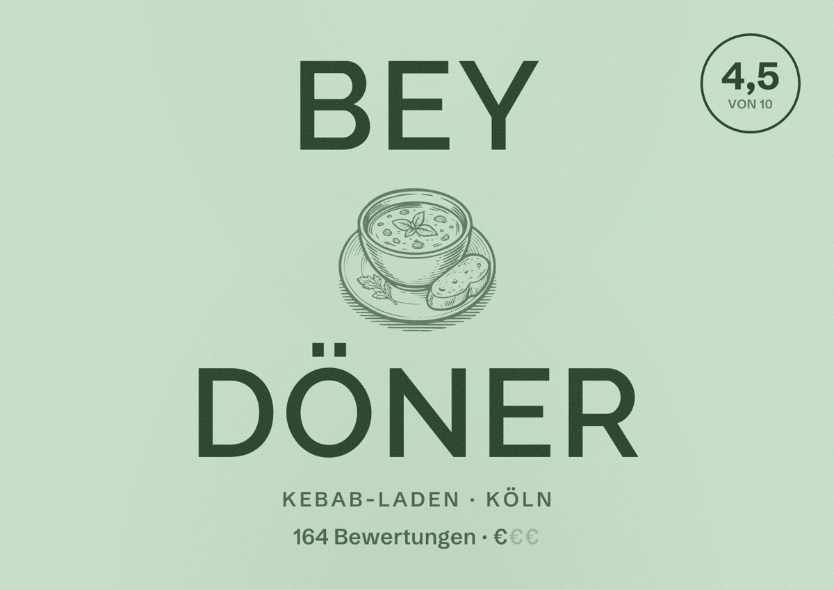 Illustriertes Poster von Bey Döner, Kebab-Laden in Köln: Bewertung 4,5 von 10 aus 164 Bewertungen, Preisniveau €