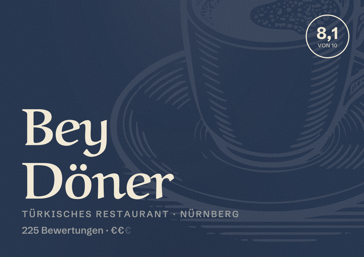 Illustriertes Poster von Bey Döner, Türkisches Restaurant in Nürnberg: Bewertung 8,1 von 10 aus 225 Bewertungen, Preisniveau €€
