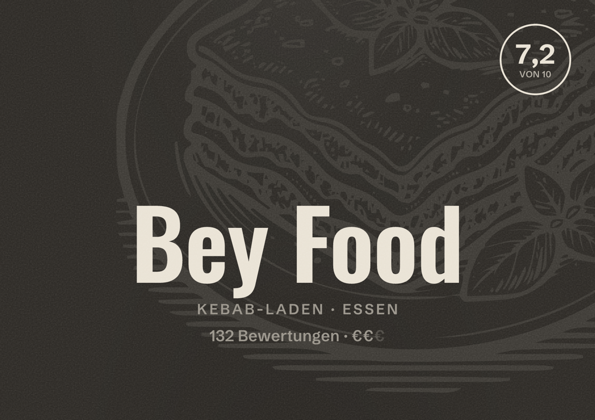 Illustriertes Poster von Bey Food, Kebab-Laden in Essen: Bewertung 7,2 von 10 aus 132 Bewertungen, Preisniveau €€