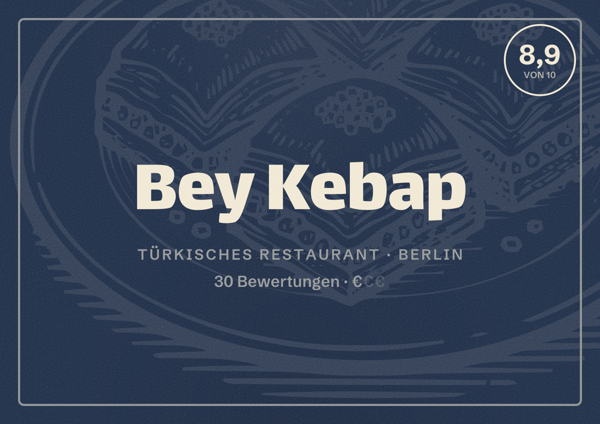 Illustriertes Poster von Bey Kebap, Türkisches Restaurant in Berlin: Bewertung 8,9 von 10 aus 30 Bewertungen, Preisniveau €