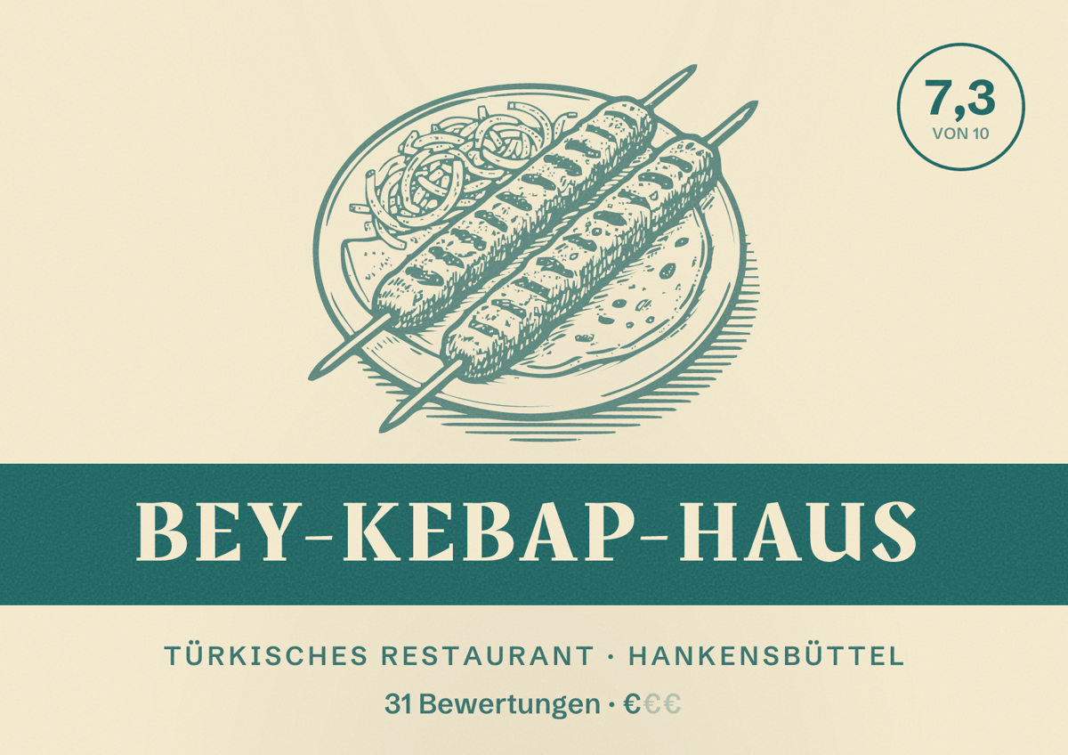 Illustriertes Poster von Bey-Kebap-Haus, Türkisches Restaurant in Hankensbüttel: Bewertung 7,3 von 10 aus 31 Bewertungen, Preisniveau €