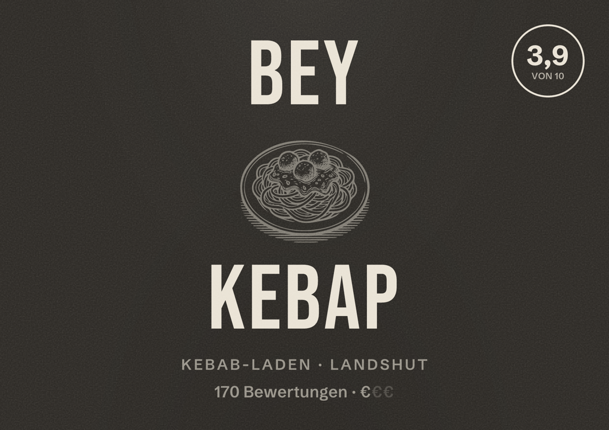 Illustriertes Poster von BEY KEBAP, Kebab-Laden in Landshut: Bewertung 3,9 von 10 aus 170 Bewertungen, Preisniveau €