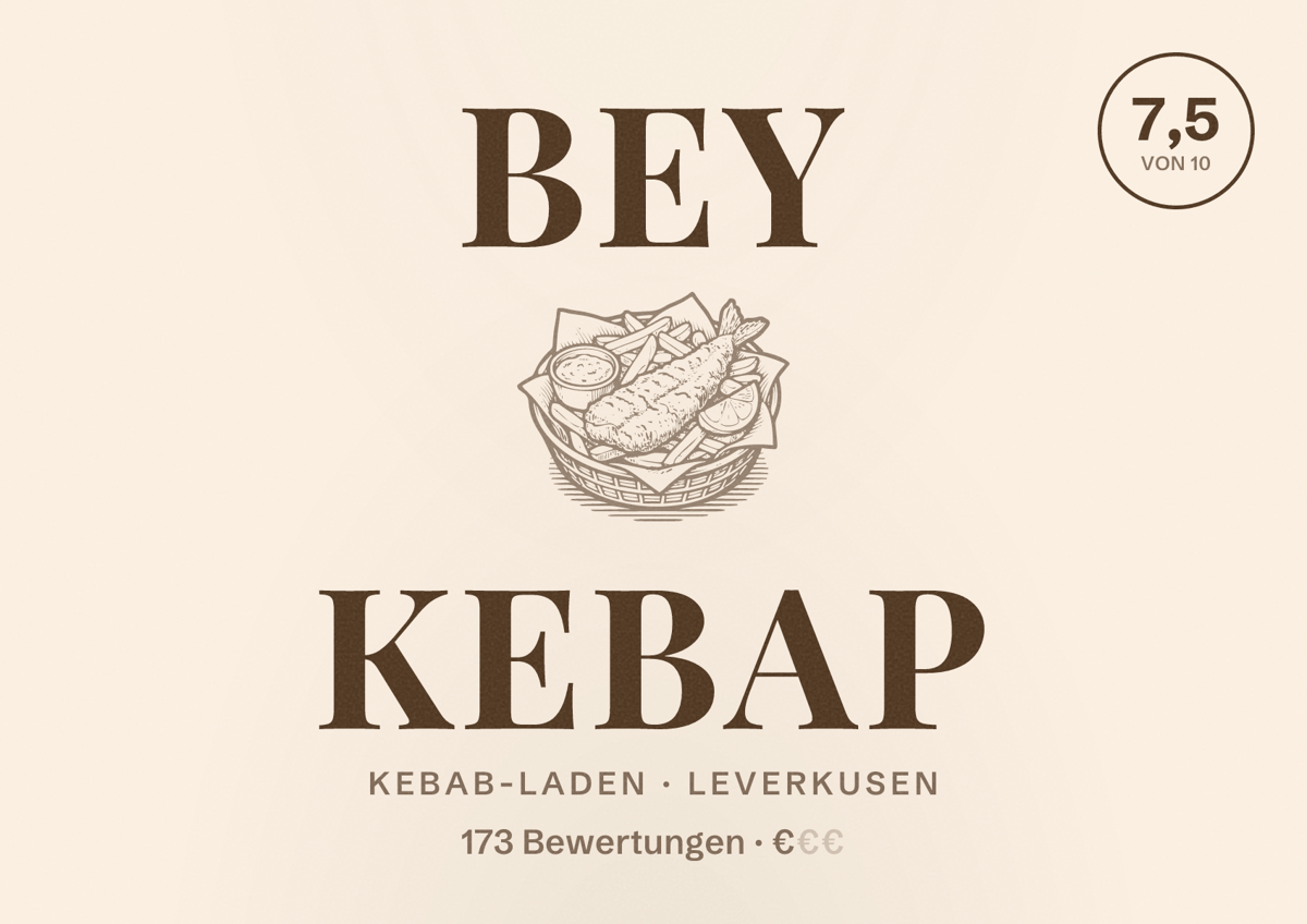 Illustriertes Poster von Bey Kebap, Kebab-Laden in Leverkusen: Bewertung 7,5 von 10 aus 173 Bewertungen, Preisniveau €