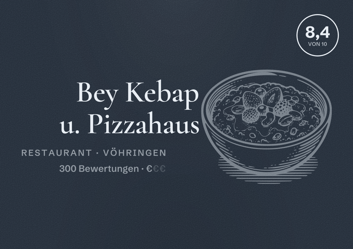 Illustriertes Poster von Bey Kebap u. Pizzahaus, Restaurant in Vöhringen: Bewertung 8,4 von 10 aus 300 Bewertungen, Preisniveau €