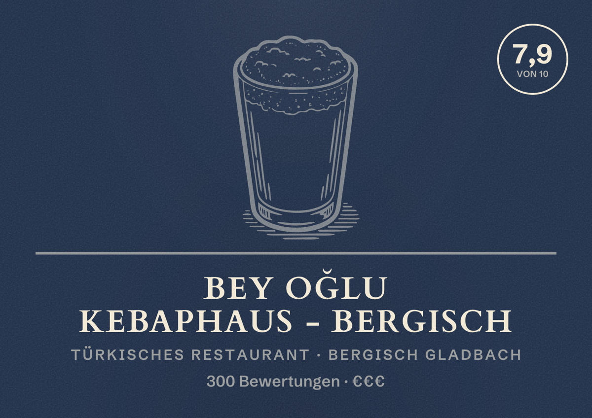 Illustriertes Poster von Bey Oğlu Kebaphaus - Bergisch, Türkisches Restaurant in Bergisch Gladbach: Bewertung 7,9 von 10 aus 300 Bewertungen, Preisniveau €€€