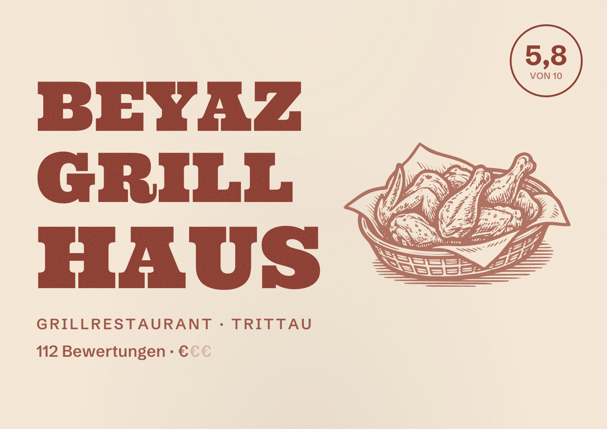 Illustriertes Poster von Beyaz Grill Haus, Grillrestaurant in Trittau: Bewertung 5,8 von 10 aus 112 Bewertungen, Preisniveau €