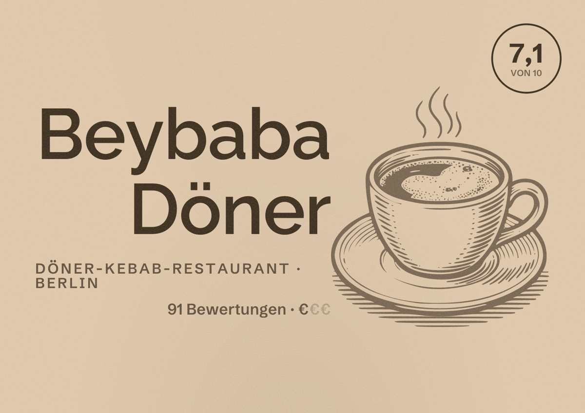 Illustriertes Poster von Beybaba Döner, Döner-Kebab-Restaurant in Berlin: Bewertung 7,1 von 10 aus 91 Bewertungen, Preisniveau €