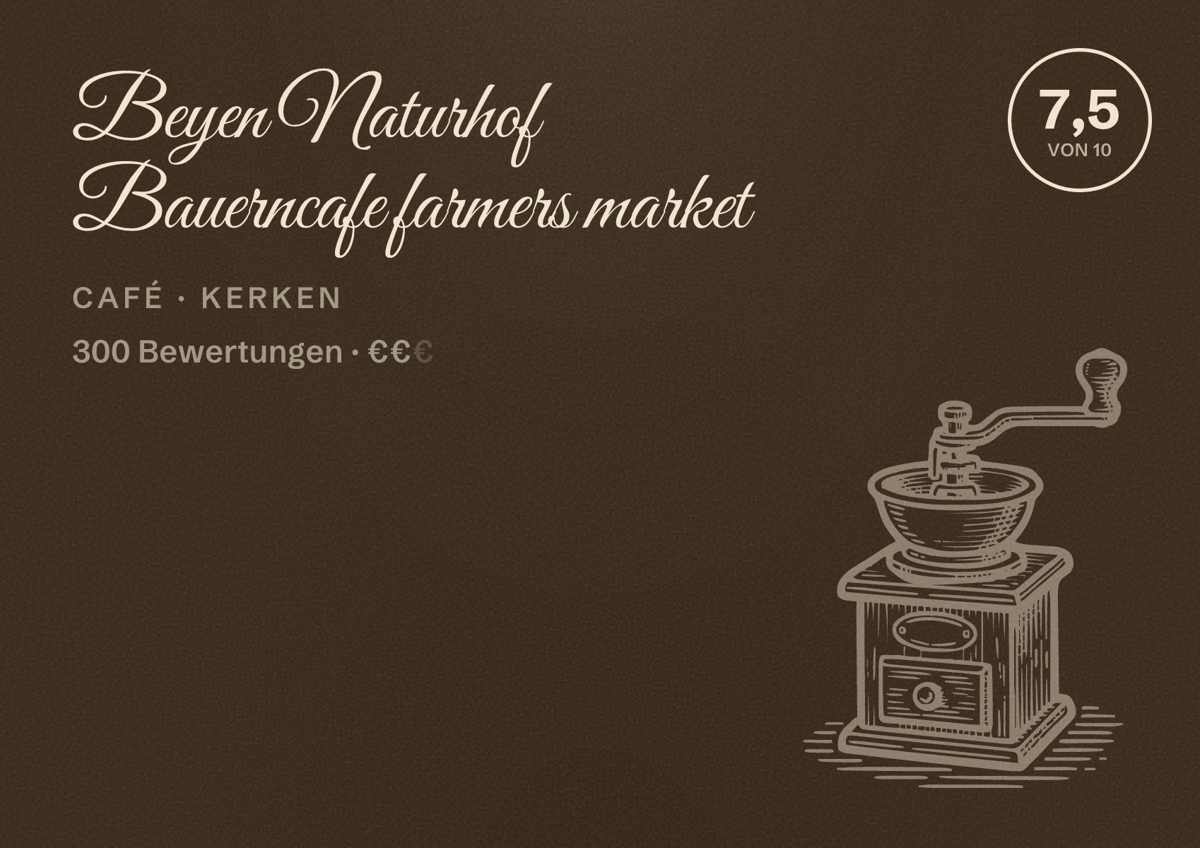Illustriertes Poster von Beyen Naturhof Bauerncafe farmers market, Café in Kerken: Bewertung 7,5 von 10 aus 300 Bewertungen, Preisniveau €€