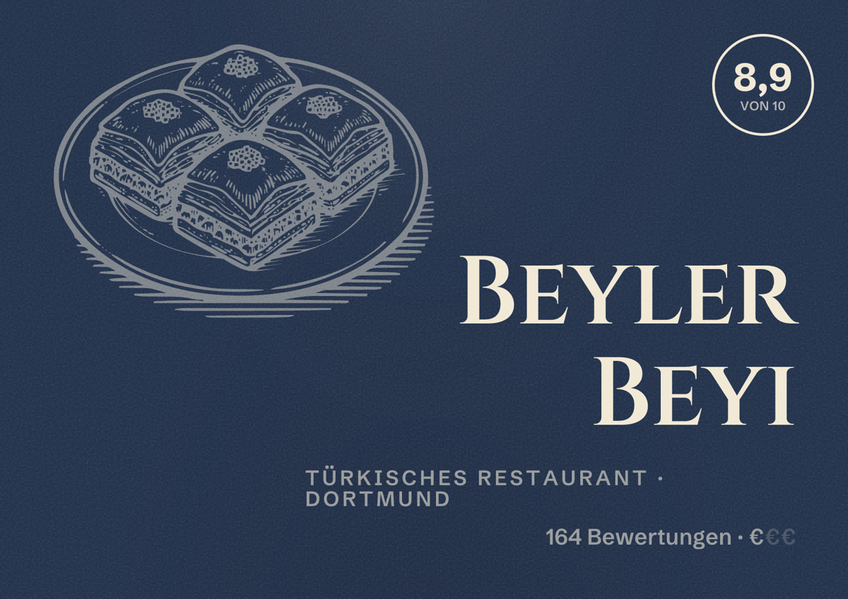 Illustriertes Poster von Beyler Beyi, Türkisches Restaurant in Dortmund: Bewertung 8,9 von 10 aus 164 Bewertungen, Preisniveau €
