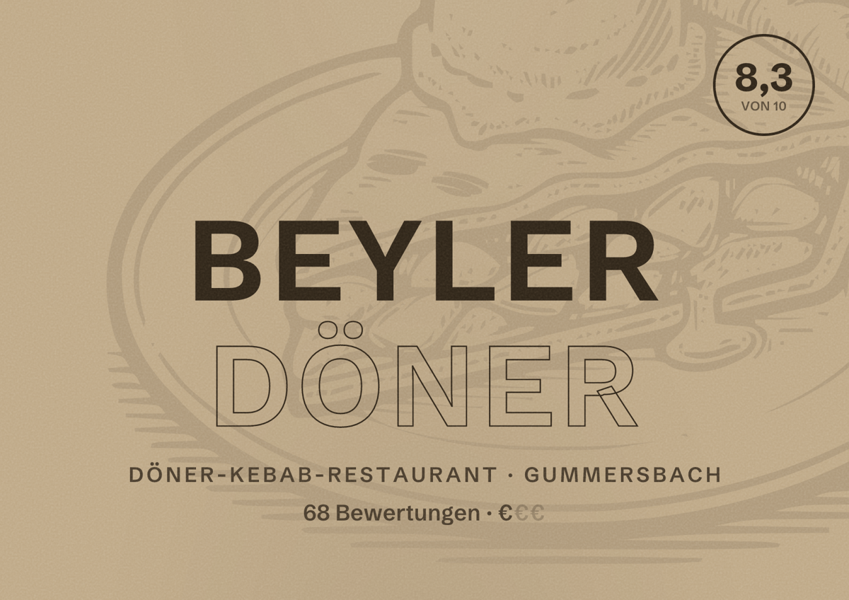 Illustriertes Poster von Beyler Döner, Döner-Kebab-Restaurant in Gummersbach: Bewertung 8,3 von 10 aus 68 Bewertungen, Preisniveau €