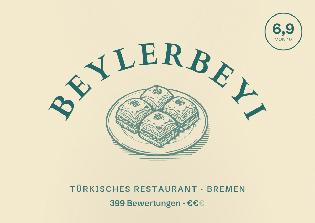 Illustriertes Poster von Beylerbeyi, Türkisches Restaurant in Bremen: Bewertung 6,9 von 10 aus 399 Bewertungen, Preisniveau €€
