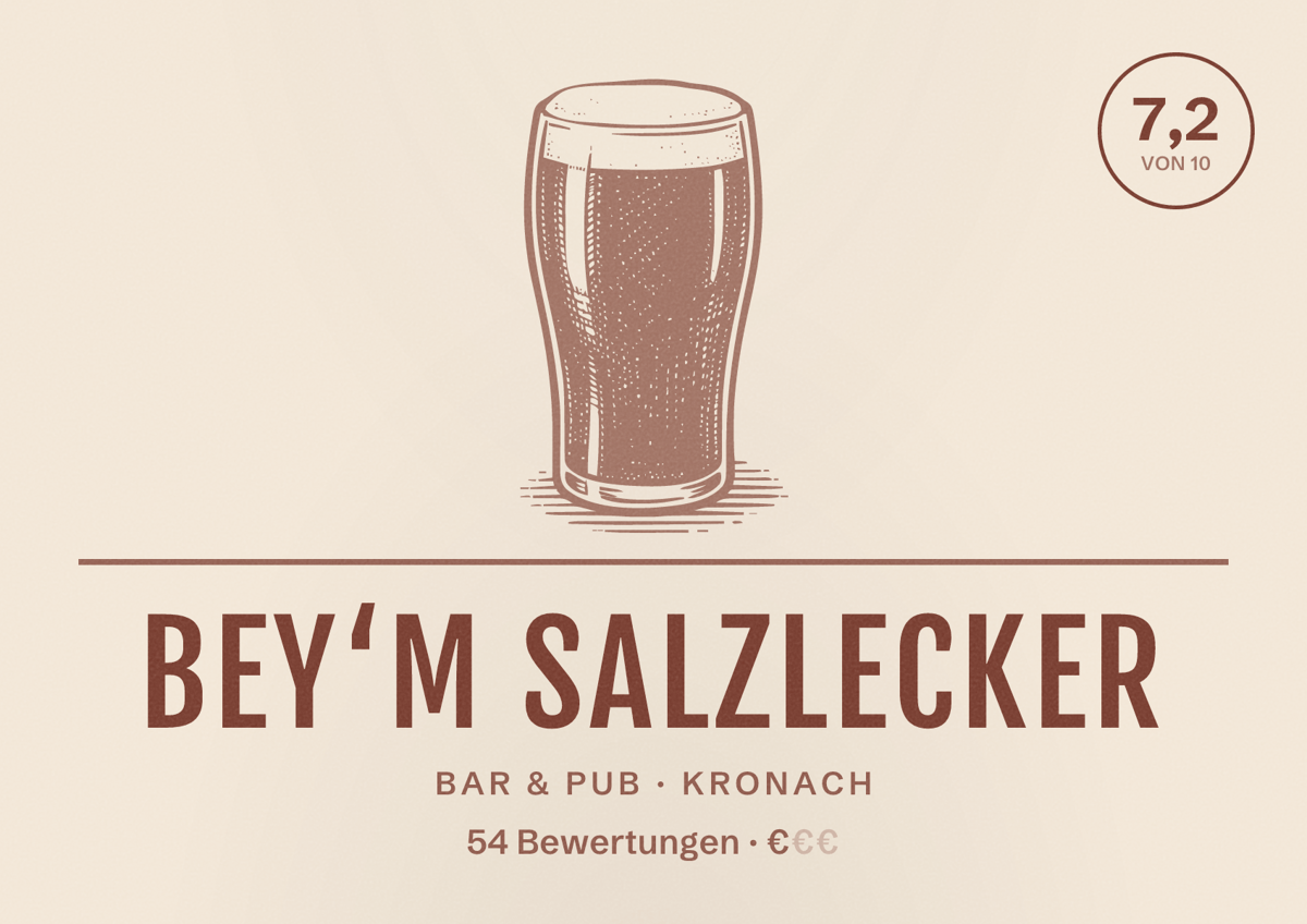 Illustriertes Poster von Bey‘m Salzlecker, Bar & Pub in Kronach: Bewertung 7,2 von 10 aus 54 Bewertungen, Preisniveau €