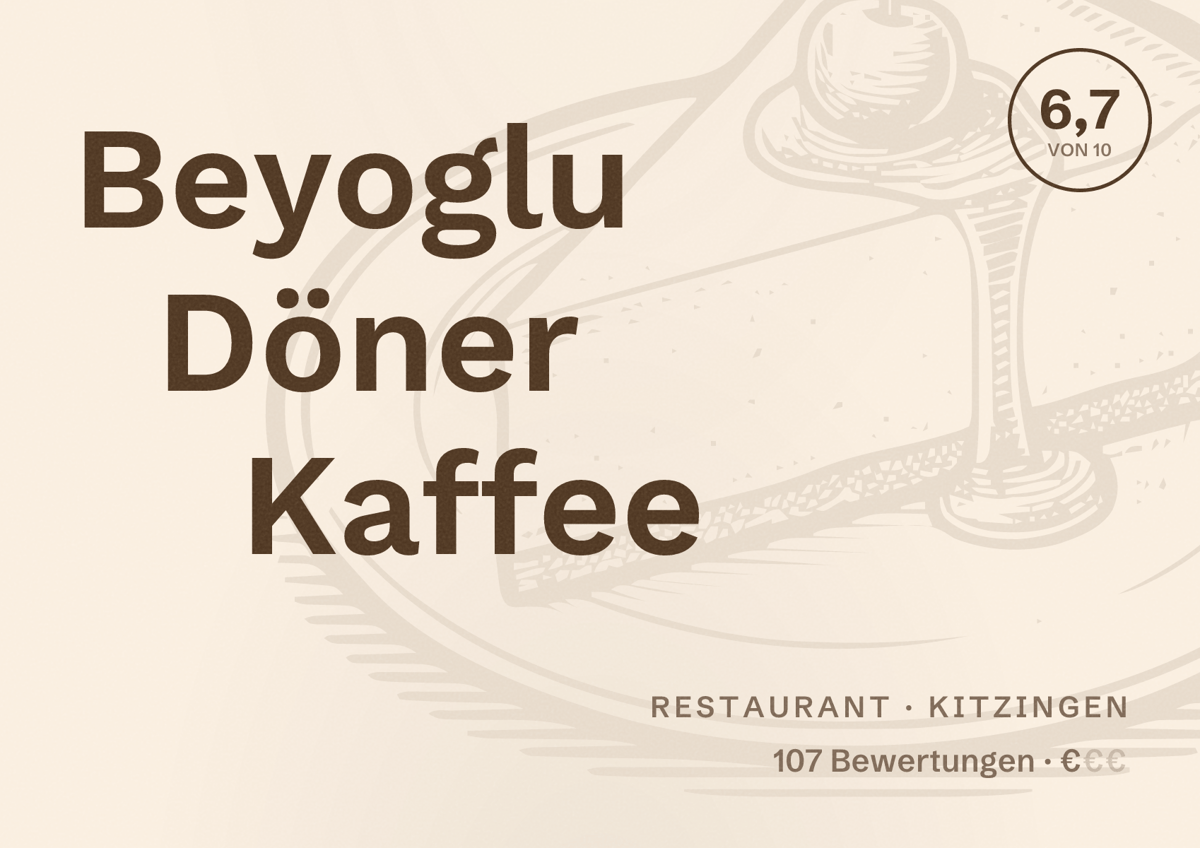 Illustriertes Poster von Beyoglu Döner Kaffee, Restaurant in Kitzingen: Bewertung 6,7 von 10 aus 107 Bewertungen, Preisniveau €