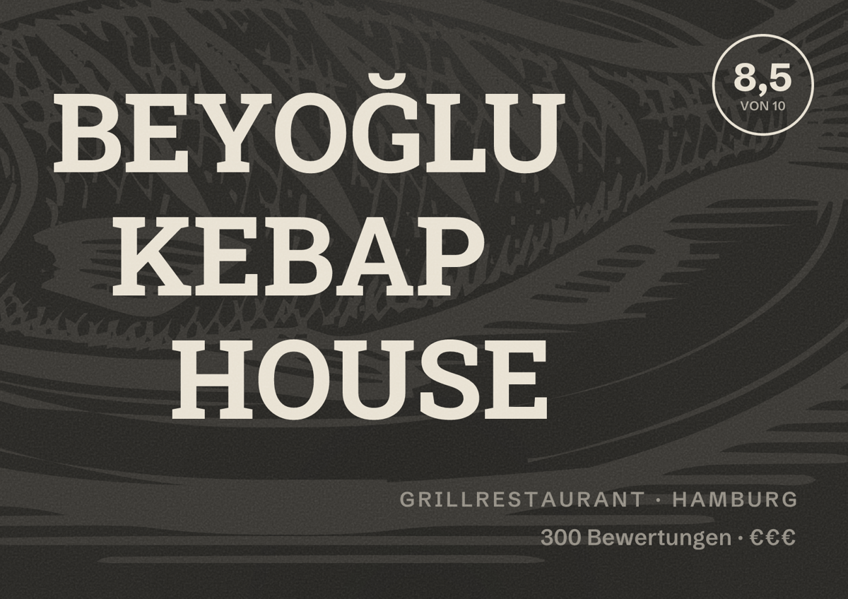 Illustriertes Poster von BEYOĞLU KEBAP HOUSE, Grillrestaurant in Hamburg: Bewertung 8,5 von 10 aus 300 Bewertungen, Preisniveau €€€