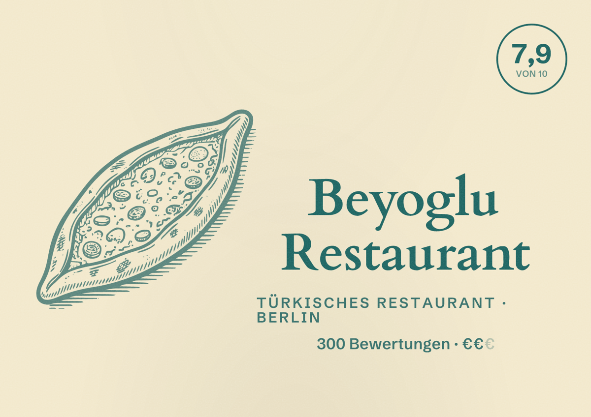 Illustriertes Poster von Beyoglu Restaurant, Türkisches Restaurant in Berlin: Bewertung 7,9 von 10 aus 300 Bewertungen, Preisniveau €€