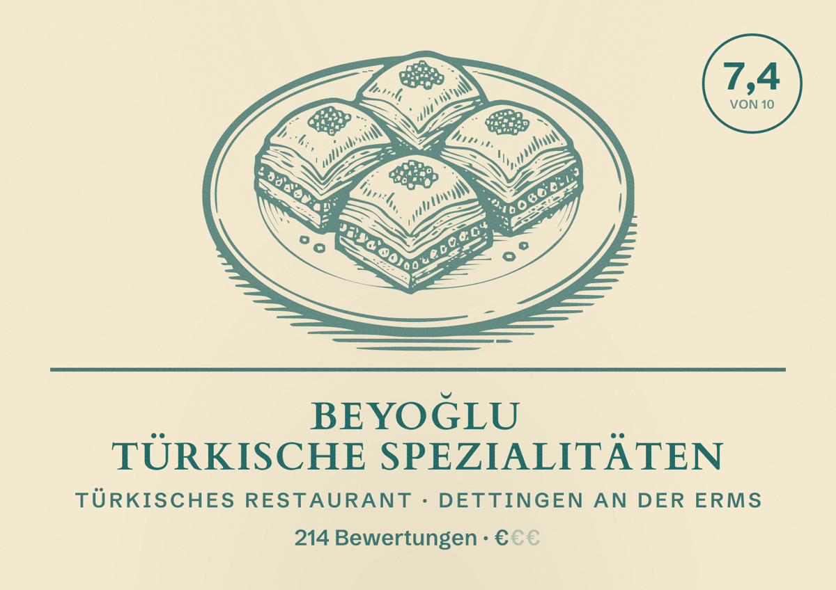 Illustriertes Poster von Beyoğlu Türkische Spezialitäten, Türkisches Restaurant in Dettingen an der Erms: Bewertung 7,4 von 10 aus 214 Bewertungen, Preisniveau €