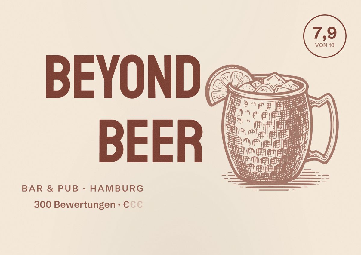 Illustriertes Poster von Beyond Beer, Bar & Pub in Hamburg: Bewertung 7,9 von 10 aus 300 Bewertungen, Preisniveau €