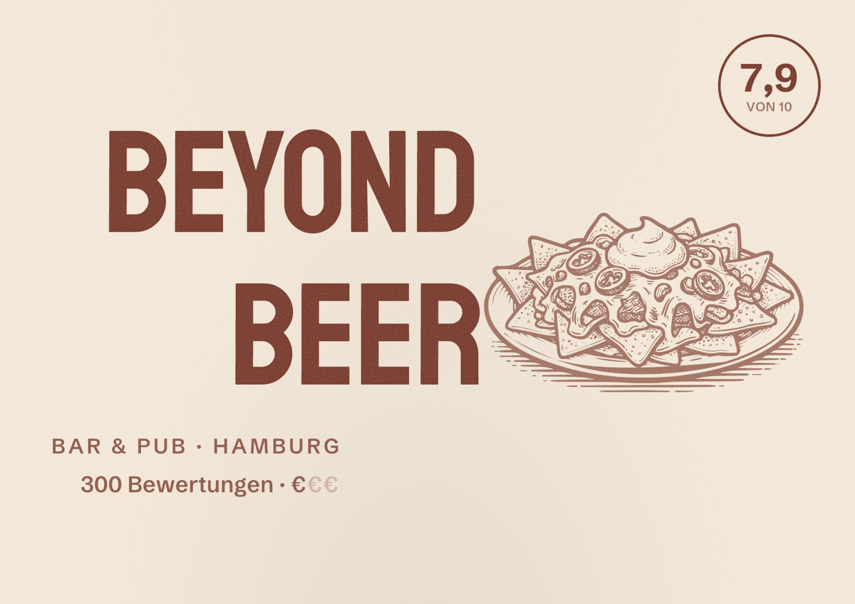 Illustriertes Poster von Beyond Beer, Bar & Pub in Hamburg: Bewertung 7,9 von 10 aus 300 Bewertungen, Preisniveau €