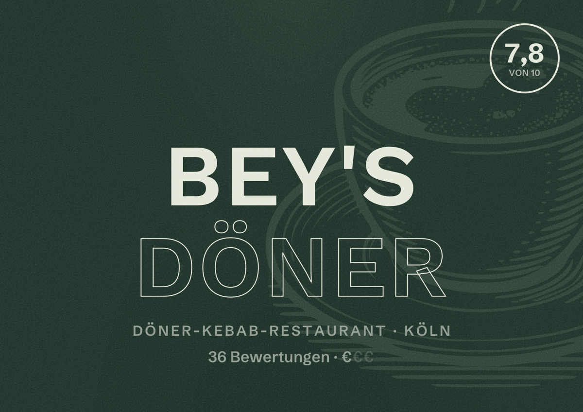 Illustriertes Poster von Bey'S Döner, Döner-Kebab-Restaurant in Köln: Bewertung 7,8 von 10 aus 36 Bewertungen, Preisniveau €