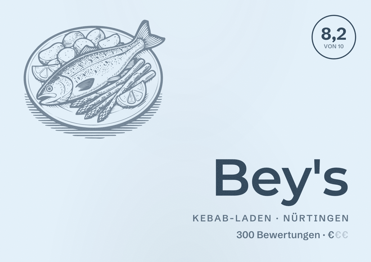 Illustriertes Poster von Bey's, Kebab-Laden in Nürtingen: Bewertung 8,2 von 10 aus 300 Bewertungen, Preisniveau €