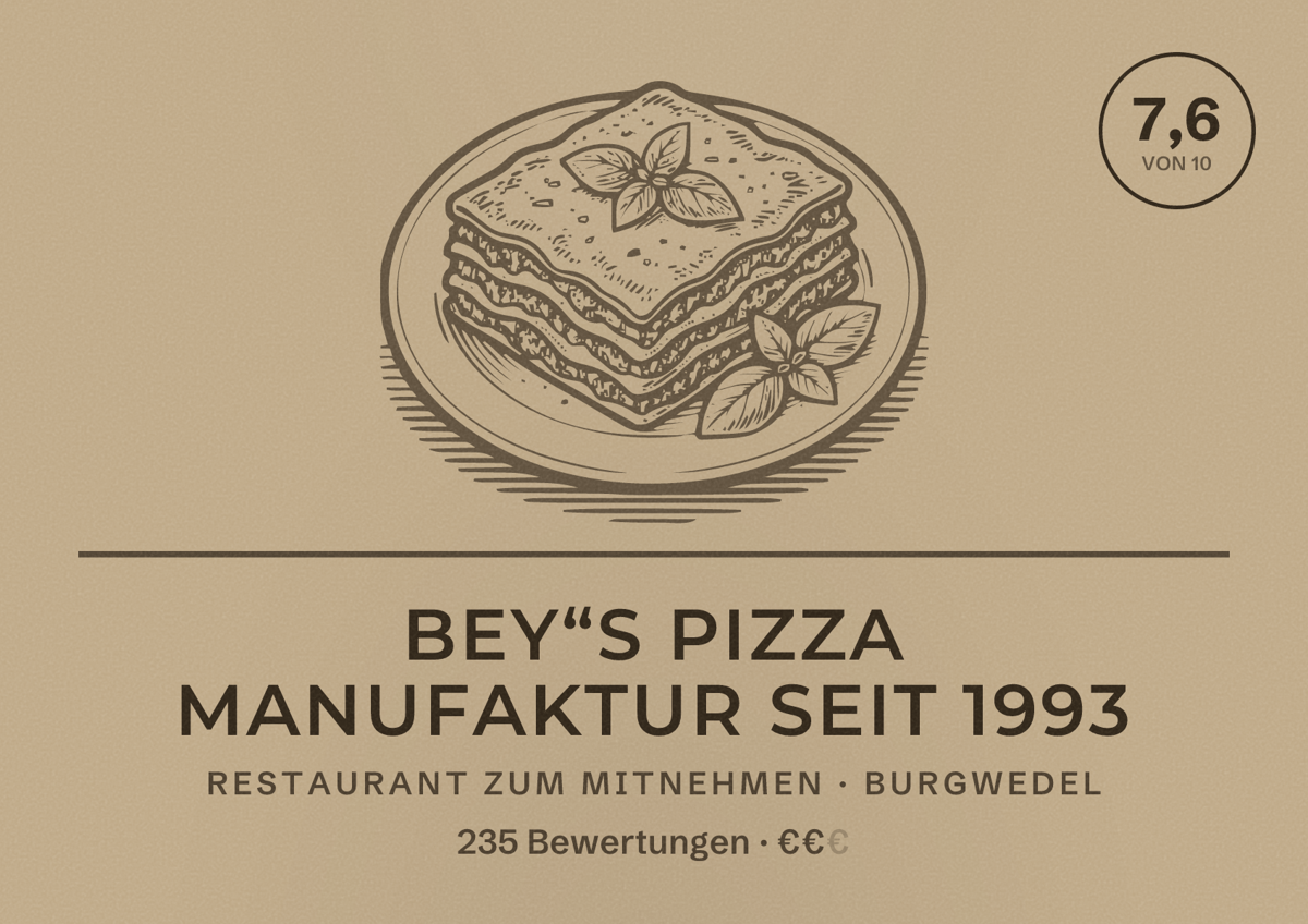 Illustriertes Poster von Bey“s Pizza Manufaktur Seit 1993, Restaurant zum Mitnehmen in Burgwedel: Bewertung 7,6 von 10 aus 235 Bewertungen, Preisniveau €€