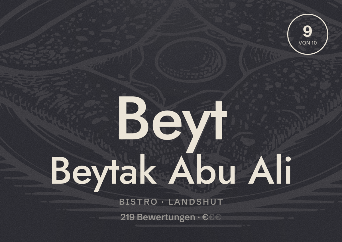 Illustriertes Poster von Beyt Beytak Abu Ali, Bistro in Landshut: Bewertung 9 von 10 aus 219 Bewertungen, Preisniveau €