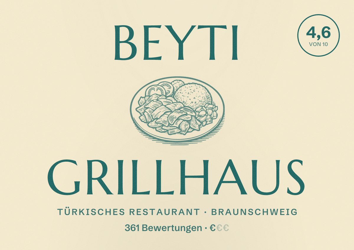 Illustriertes Poster von Beyti Grillhaus, Türkisches Restaurant in Braunschweig: Bewertung 4,6 von 10 aus 361 Bewertungen, Preisniveau €