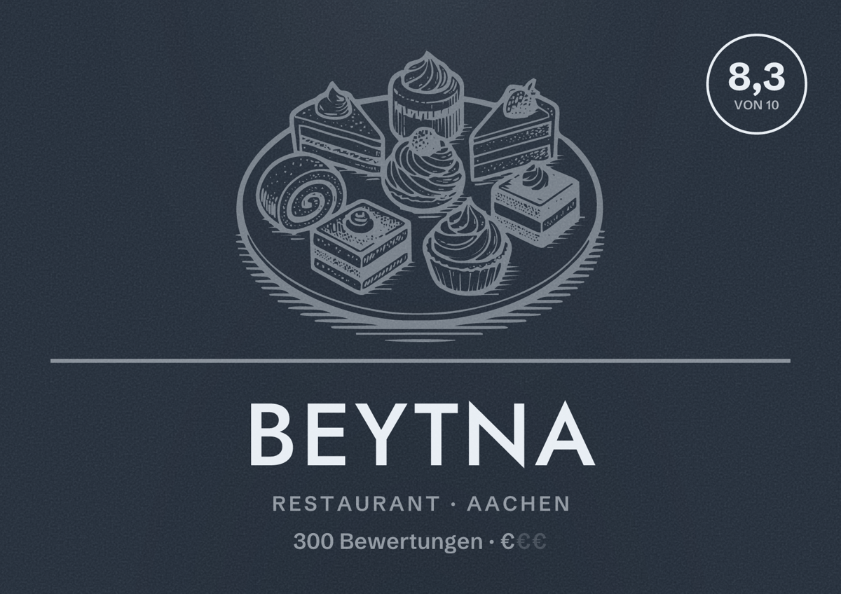 Illustriertes Poster von Beytna, Restaurant in Aachen: Bewertung 8,3 von 10 aus 300 Bewertungen, Preisniveau €