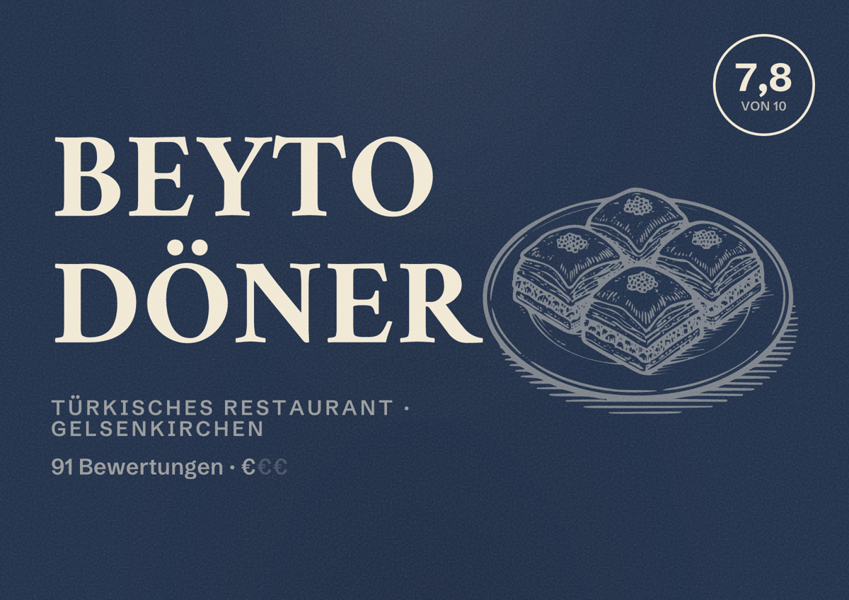Illustriertes Poster von Beyto Döner, Türkisches Restaurant in Gelsenkirchen: Bewertung 7,8 von 10 aus 91 Bewertungen, Preisniveau €