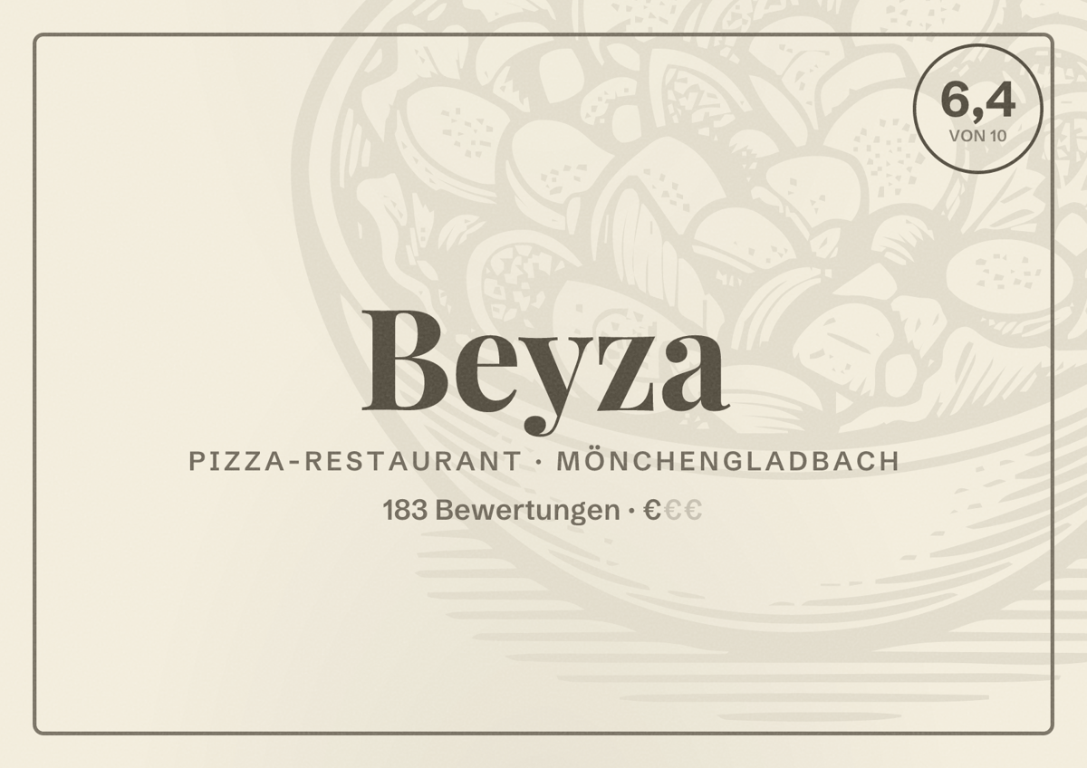 Illustriertes Poster von Beyza, Pizza-Restaurant in Mönchengladbach: Bewertung 6,4 von 10 aus 183 Bewertungen, Preisniveau €