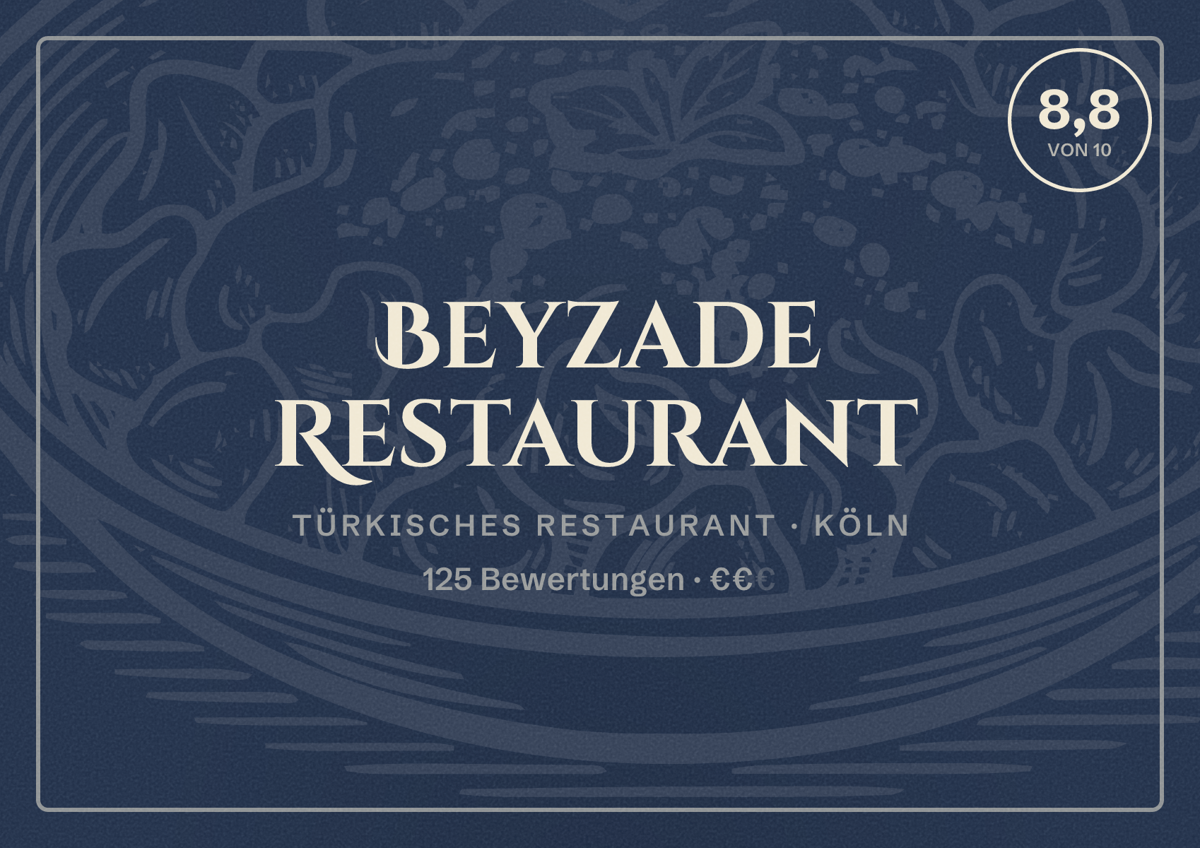Illustriertes Poster von Beyzade Restaurant, Türkisches Restaurant in Köln: Bewertung 8,8 von 10 aus 125 Bewertungen, Preisniveau €€