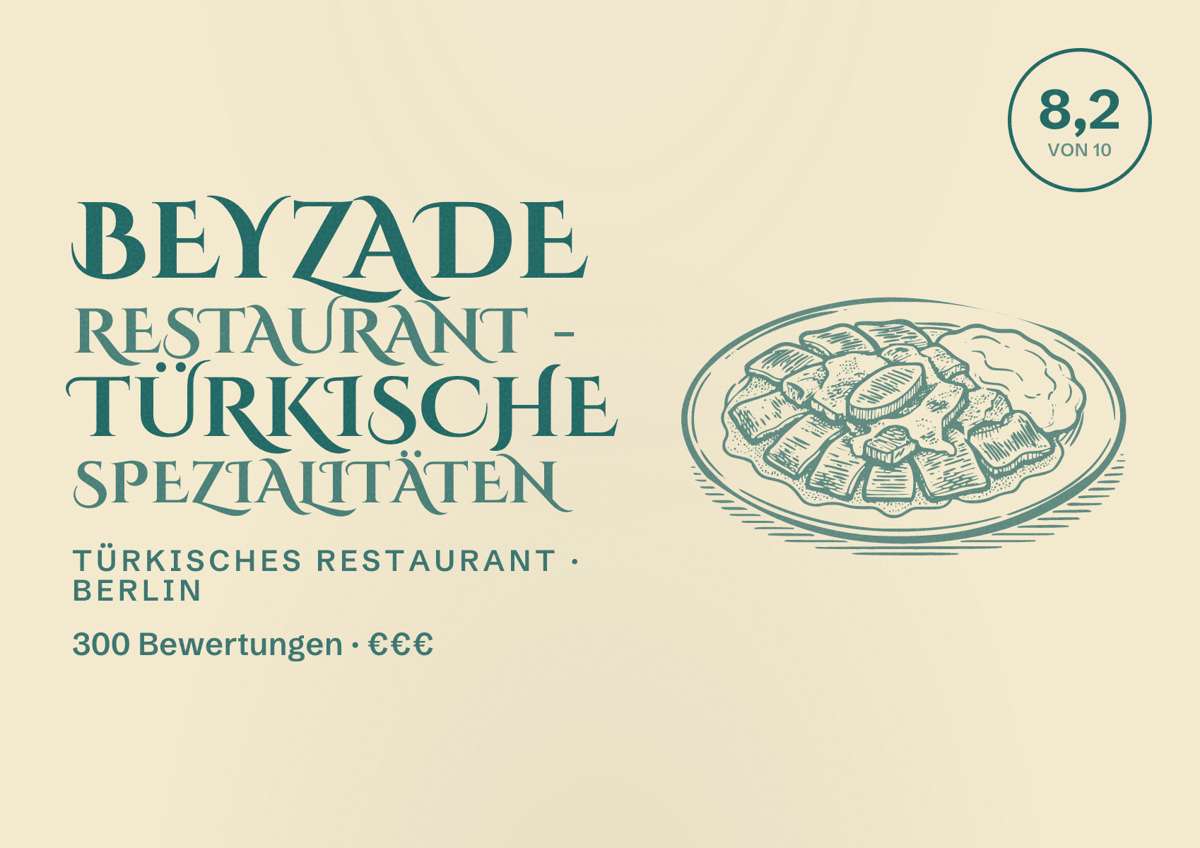 Illustriertes Poster von Beyzade Restaurant - türkische Spezialitäten, Türkisches Restaurant in Berlin: Bewertung 8,2 von 10 aus 300 Bewertungen, Preisniveau €€€