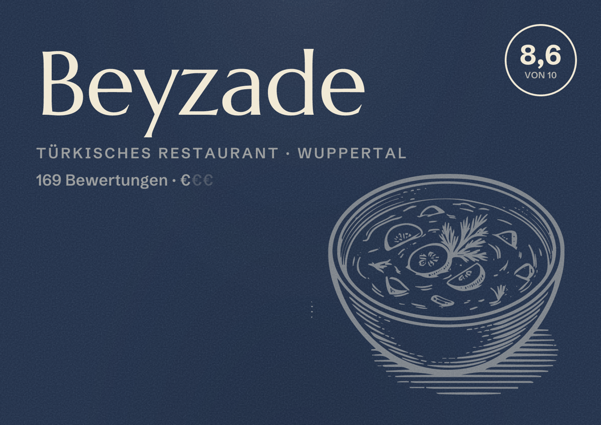 Illustriertes Poster von Beyzade, Türkisches Restaurant in Wuppertal: Bewertung 8,6 von 10 aus 169 Bewertungen, Preisniveau €