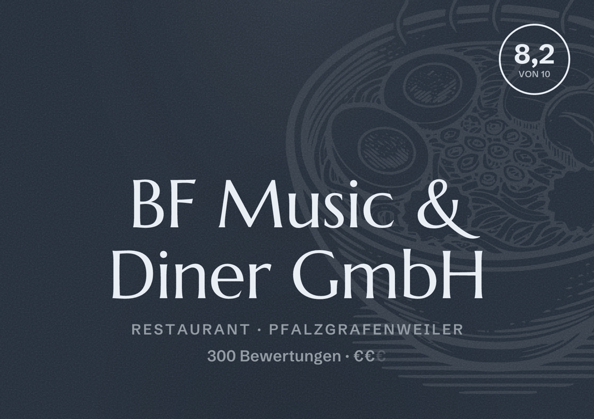 Illustriertes Poster von BF Music & Diner GmbH, Restaurant in Pfalzgrafenweiler: Bewertung 8,2 von 10 aus 300 Bewertungen, Preisniveau €€