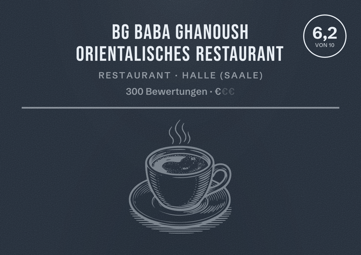 Illustriertes Poster von BG Baba Ghanoush Orientalisches Restaurant, Restaurant in Halle (Saale): Bewertung 6,2 von 10 aus 300 Bewertungen, Preisniveau €