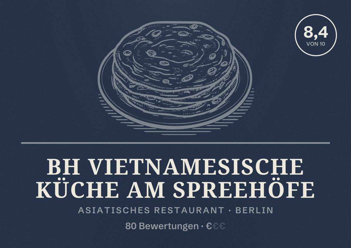 Illustriertes Poster von BH vietnamesische Küche am Spreehöfe, Asiatisches Restaurant in Berlin: Bewertung 8,4 von 10 aus 80 Bewertungen, Preisniveau €