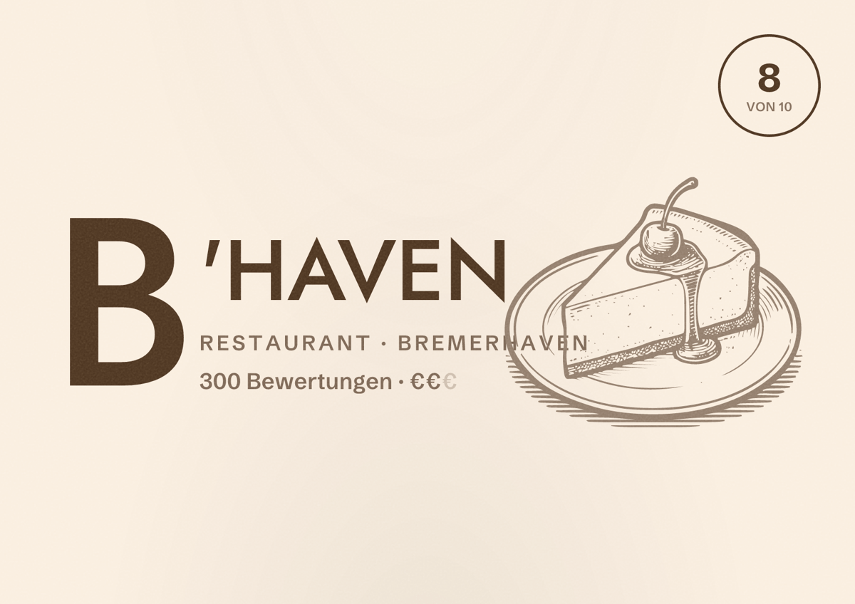 Illustriertes Poster von B'HAVEN, Restaurant in Bremerhaven: Bewertung 8 von 10 aus 300 Bewertungen, Preisniveau €€