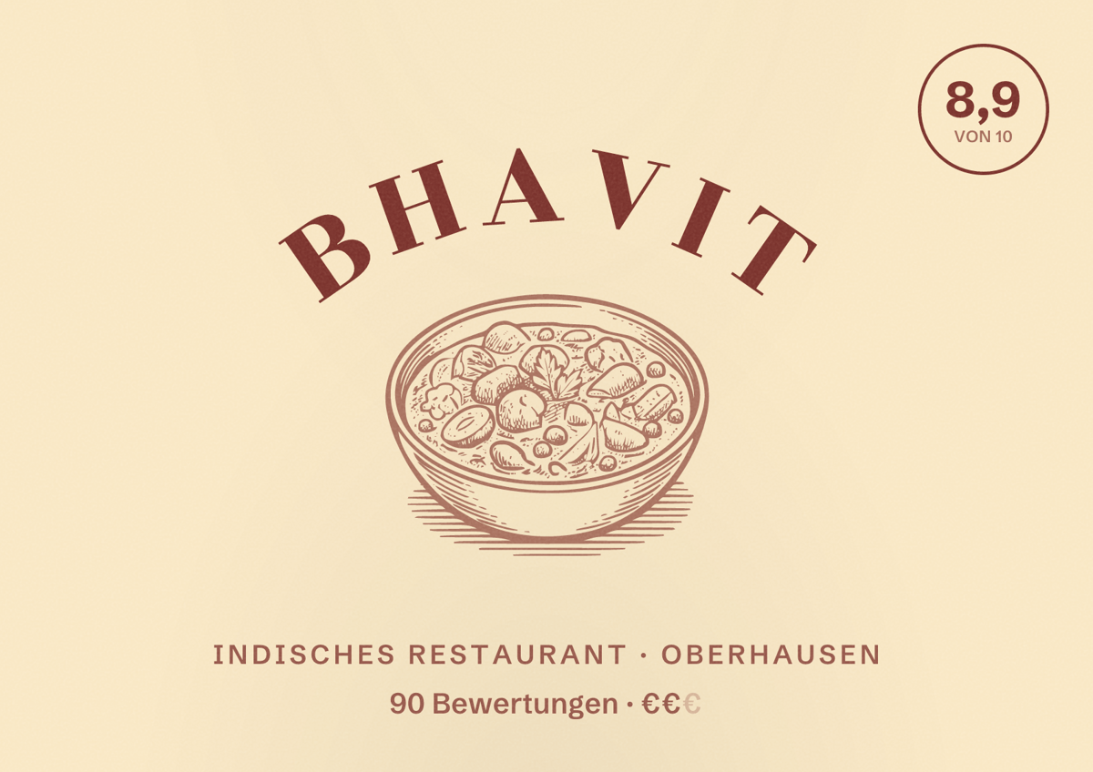 Illustriertes Poster von Bhavit, Indisches Restaurant in Oberhausen: Bewertung 8,9 von 10 aus 90 Bewertungen, Preisniveau €€