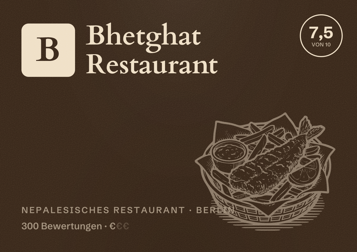 Illustriertes Poster von Bhetghat Restaurant, Nepalesisches Restaurant in Berlin: Bewertung 7,5 von 10 aus 300 Bewertungen, Preisniveau €
