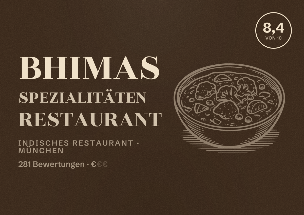 Illustriertes Poster von Bhimas Spezialitäten Restaurant, Indisches Restaurant in München: Bewertung 8,4 von 10 aus 281 Bewertungen, Preisniveau €