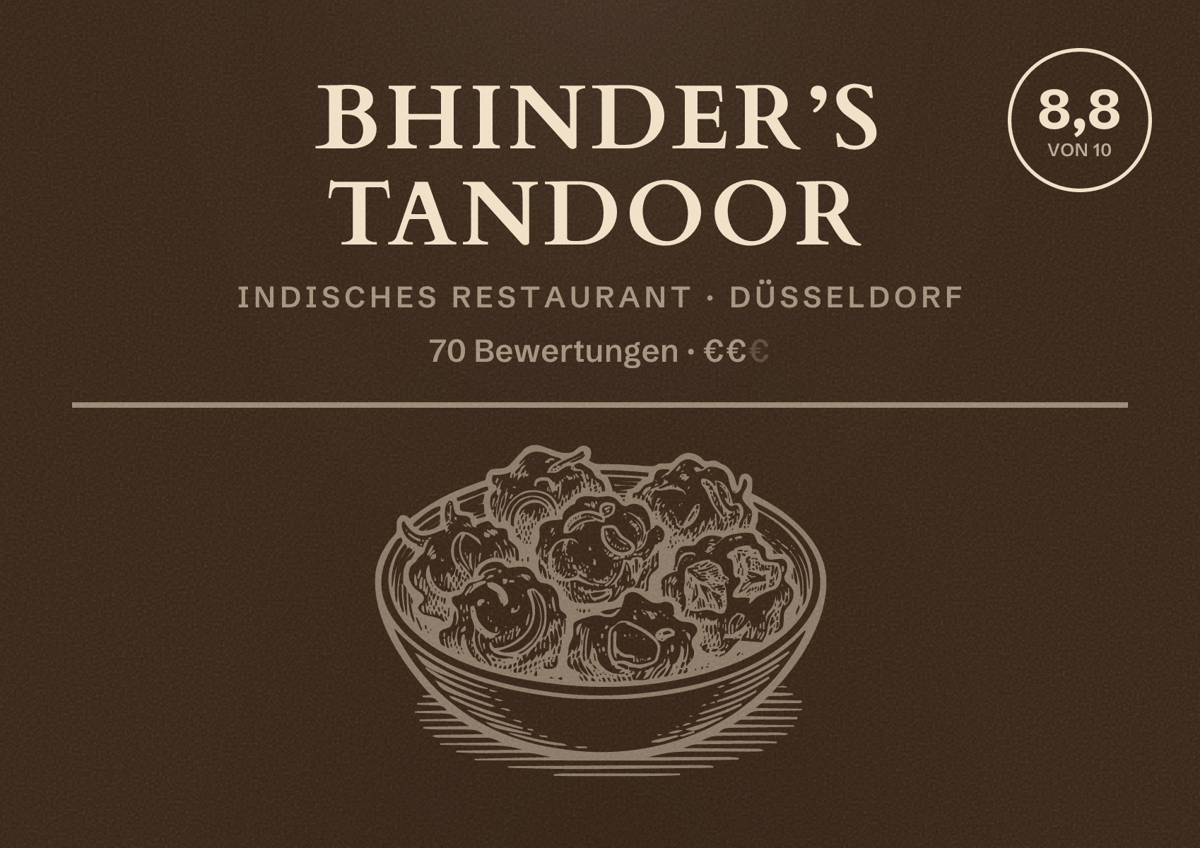 Illustriertes Poster von Bhinder’s Tandoor, Indisches Restaurant in Düsseldorf: Bewertung 8,8 von 10 aus 70 Bewertungen, Preisniveau €€