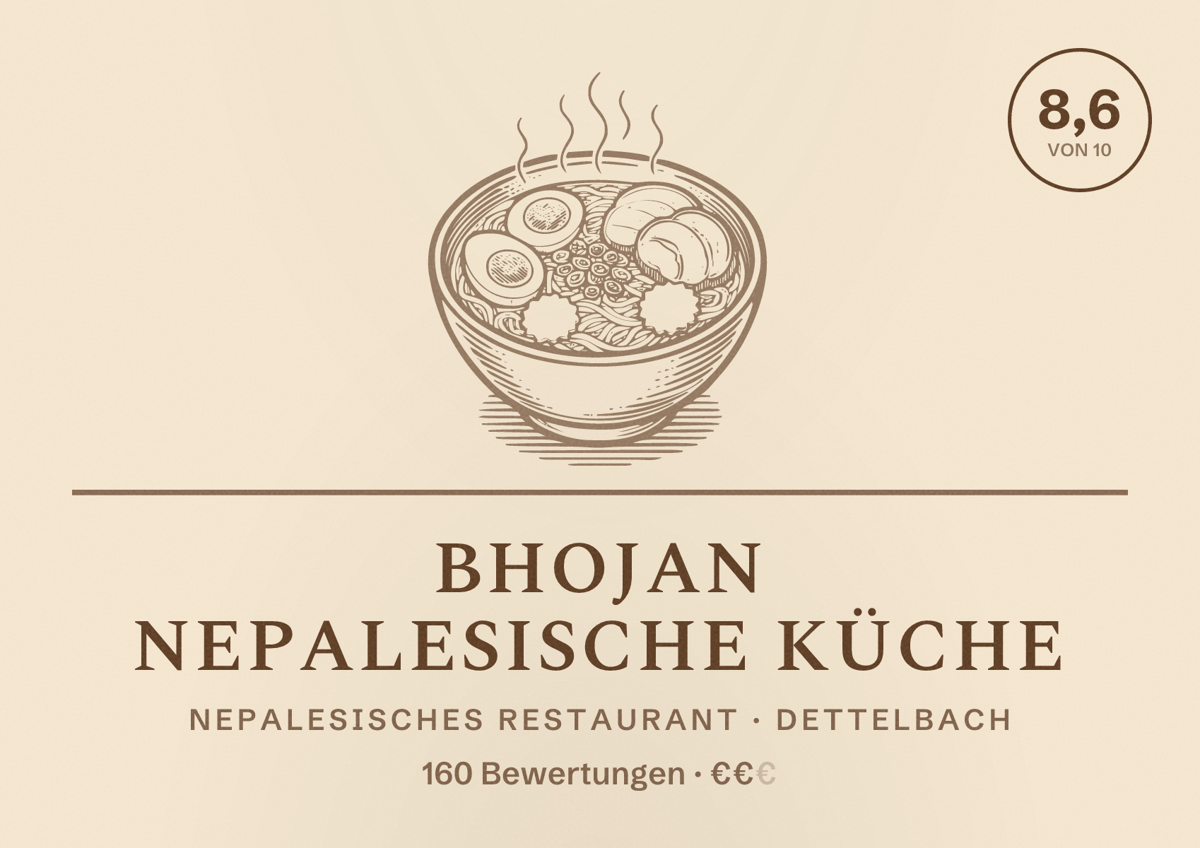 Illustriertes Poster von Bhojan Nepalesische Küche, Nepalesisches Restaurant in Dettelbach: Bewertung 8,6 von 10 aus 160 Bewertungen, Preisniveau €€
