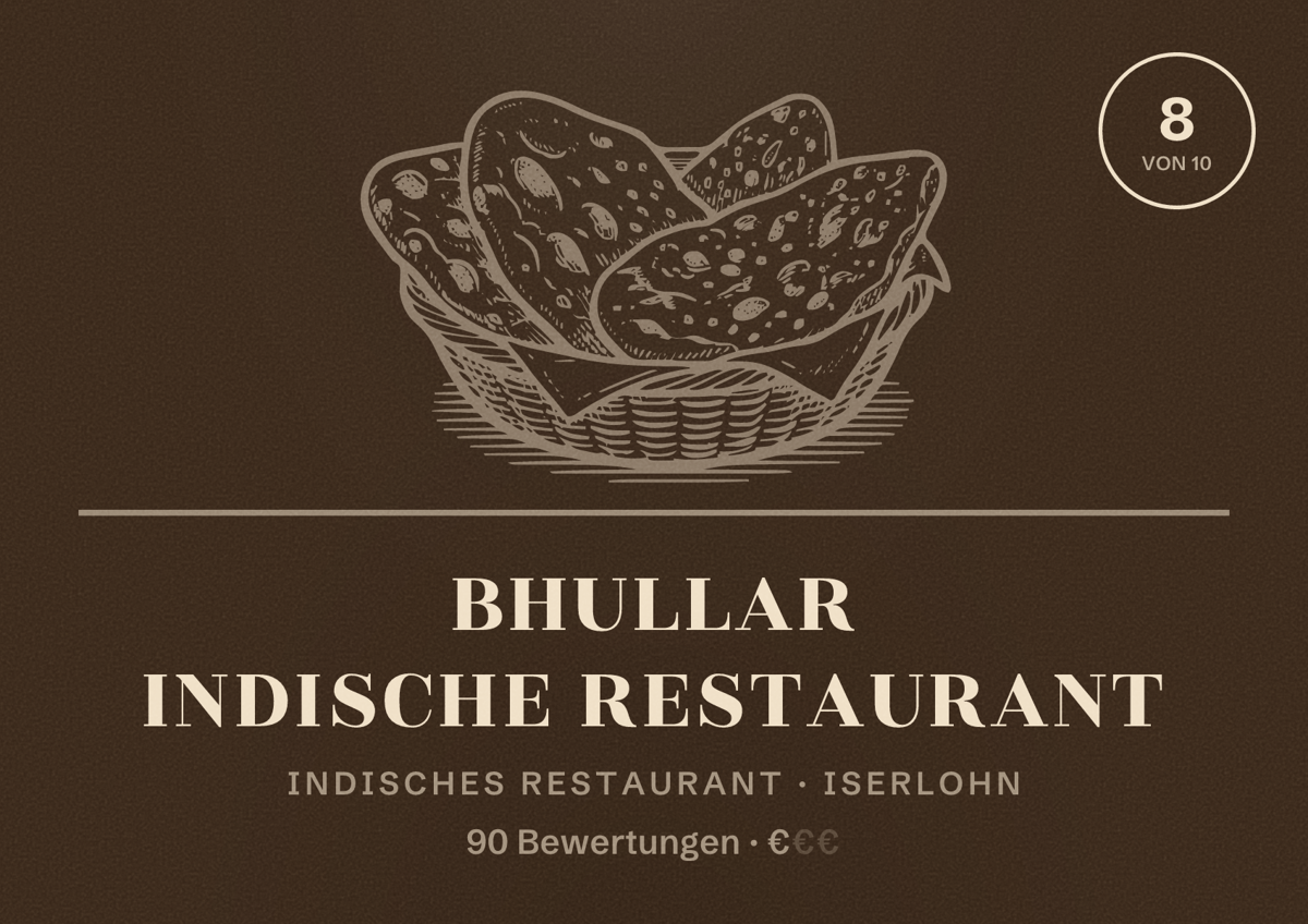 Illustriertes Poster von Bhullar Indische Restaurant, Indisches Restaurant in Iserlohn: Bewertung 8 von 10 aus 90 Bewertungen, Preisniveau €
