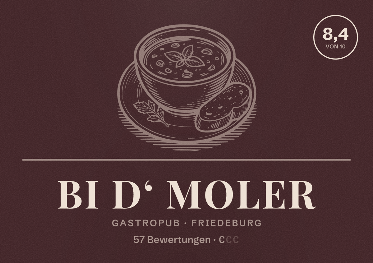 Illustriertes Poster von Bi d‘ Moler, Gastropub in Friedeburg: Bewertung 8,4 von 10 aus 57 Bewertungen, Preisniveau €