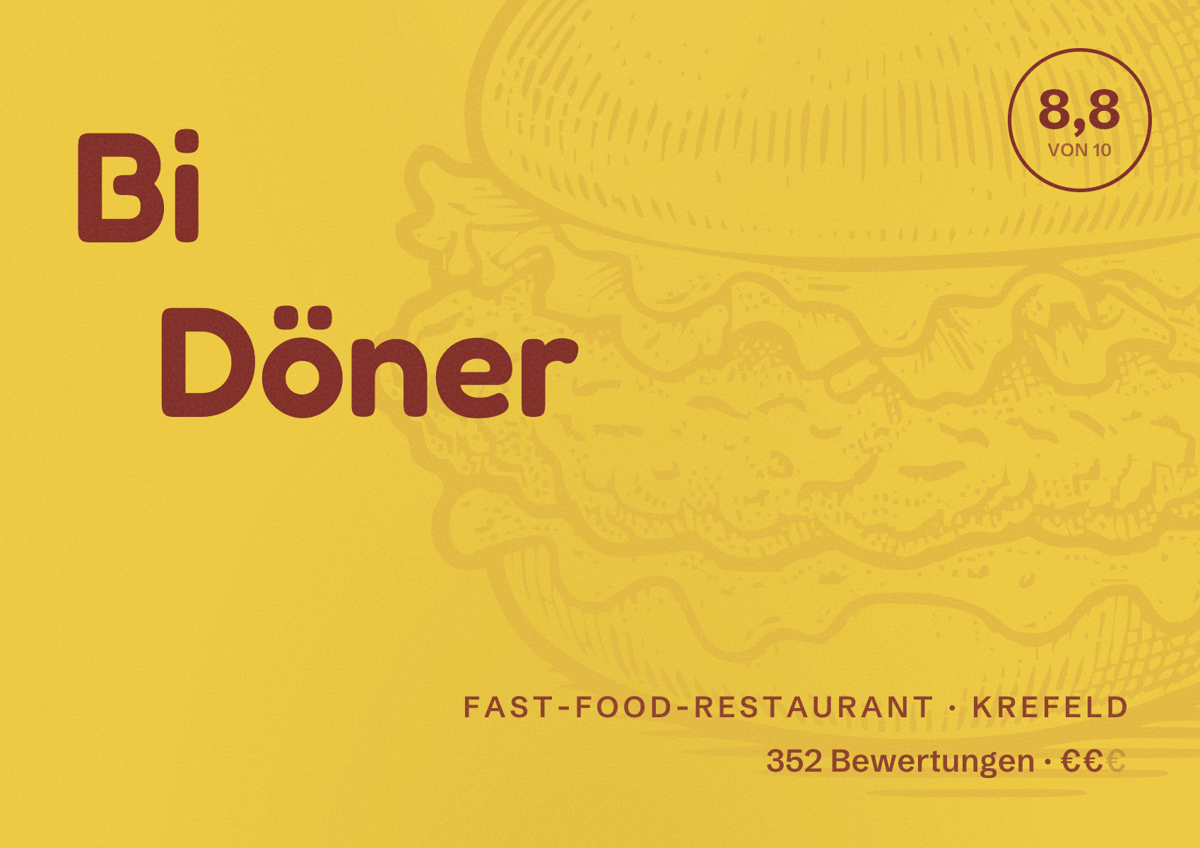 Illustriertes Poster von Bi Döner, Fast-Food-Restaurant in Krefeld: Bewertung 8,8 von 10 aus 352 Bewertungen, Preisniveau €€