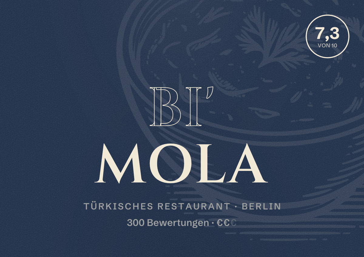 Illustriertes Poster von Bi' Mola, Türkisches Restaurant in Berlin: Bewertung 7,3 von 10 aus 300 Bewertungen, Preisniveau €€