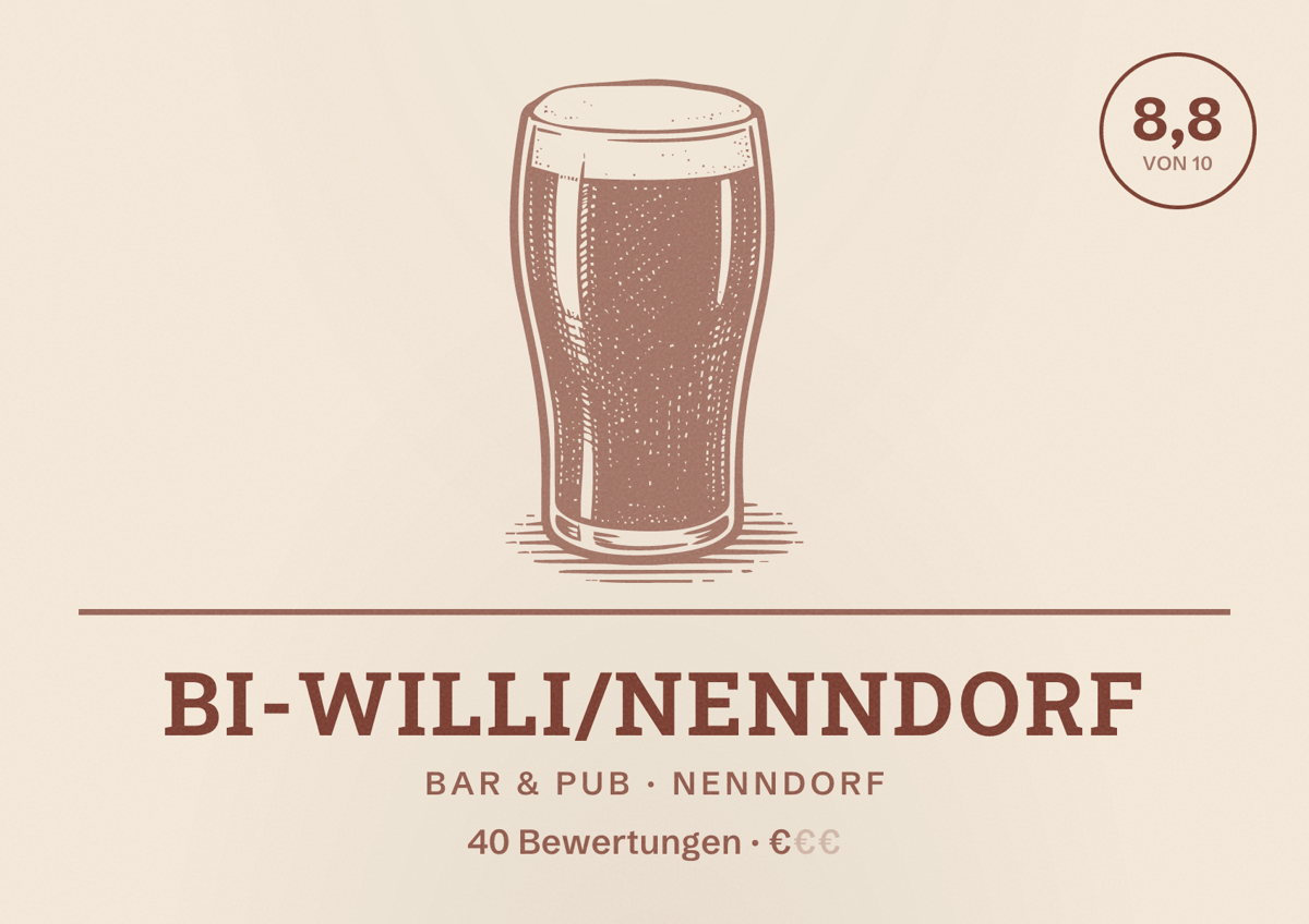 Illustriertes Poster von Bi-Willi/Nenndorf, Bar & Pub in Nenndorf: Bewertung 8,8 von 10 aus 40 Bewertungen, Preisniveau €